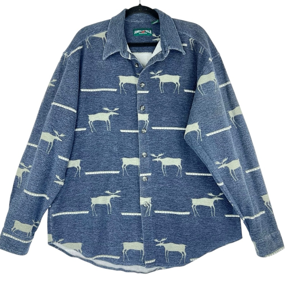 Vintage American Eagle Flannel Moose Shirt L 80s 90s USA Blue Outdoorsy Preppy - Picture 2 of 11